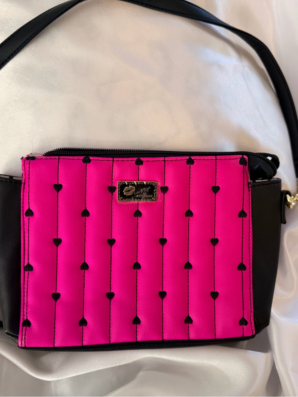 Betsey Johnson Hot Pink Quilted Crossbody with Black Trim